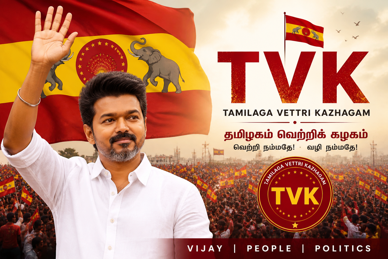 Tamilaga Vettri Kazhagam (TVK) political poster featuring Vijay with party flag and supporters in Tamil Nadu
