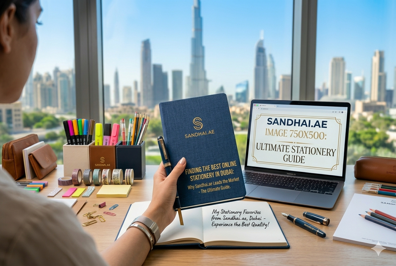 Finding the best online stationery in Dubai, Why Sandhai.ae leads the market, Ultimate stationery guide, Sandhai.ae, Premium stationery, Desk setup, Office supplies, Notebook, Planner, Luxury pen, Laptop, Dubai skyline, Creative workspace, Product marketing, Brand identity.